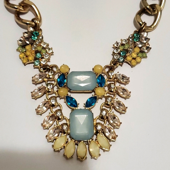 Classy Statement Necklace Green, Clear, Blue & Yellow Rhinestones + Bracelet - Picture 2 of 6